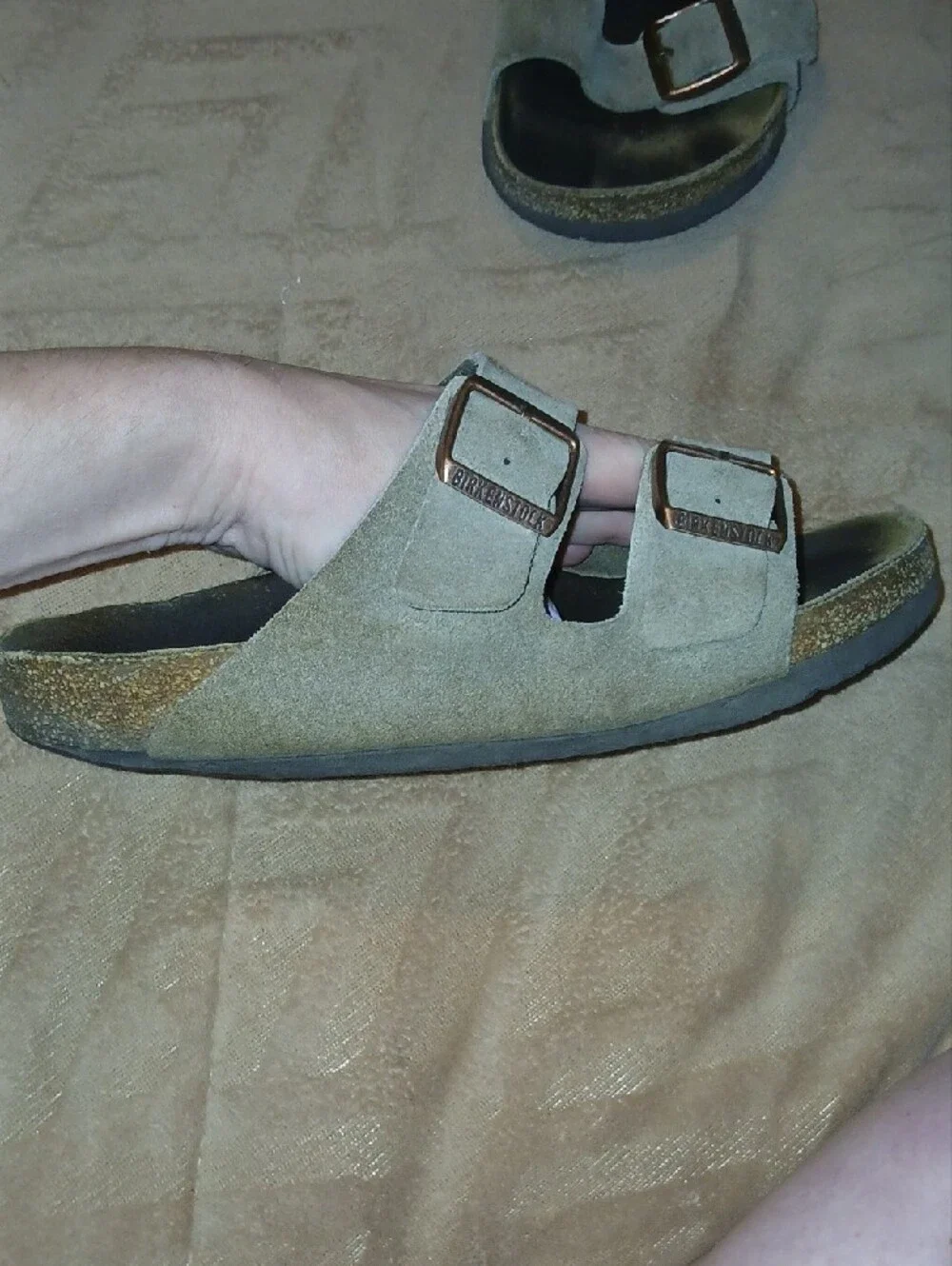Birkenstock Olive Suede Double-Buckle Sandals with Bronze Buckles Sz: W 10 M 8